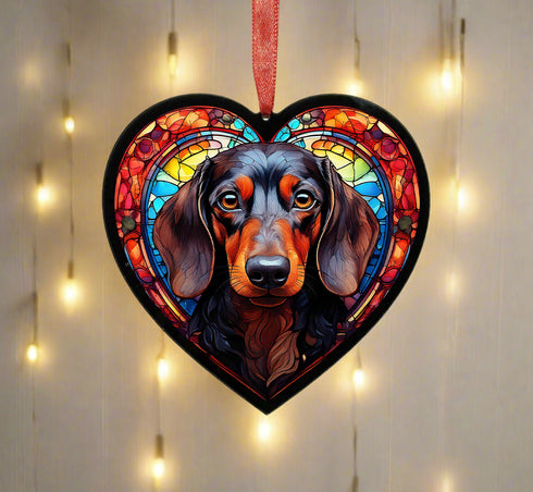 Dachshund Black Stained Glass Effect Heart Suncatcher